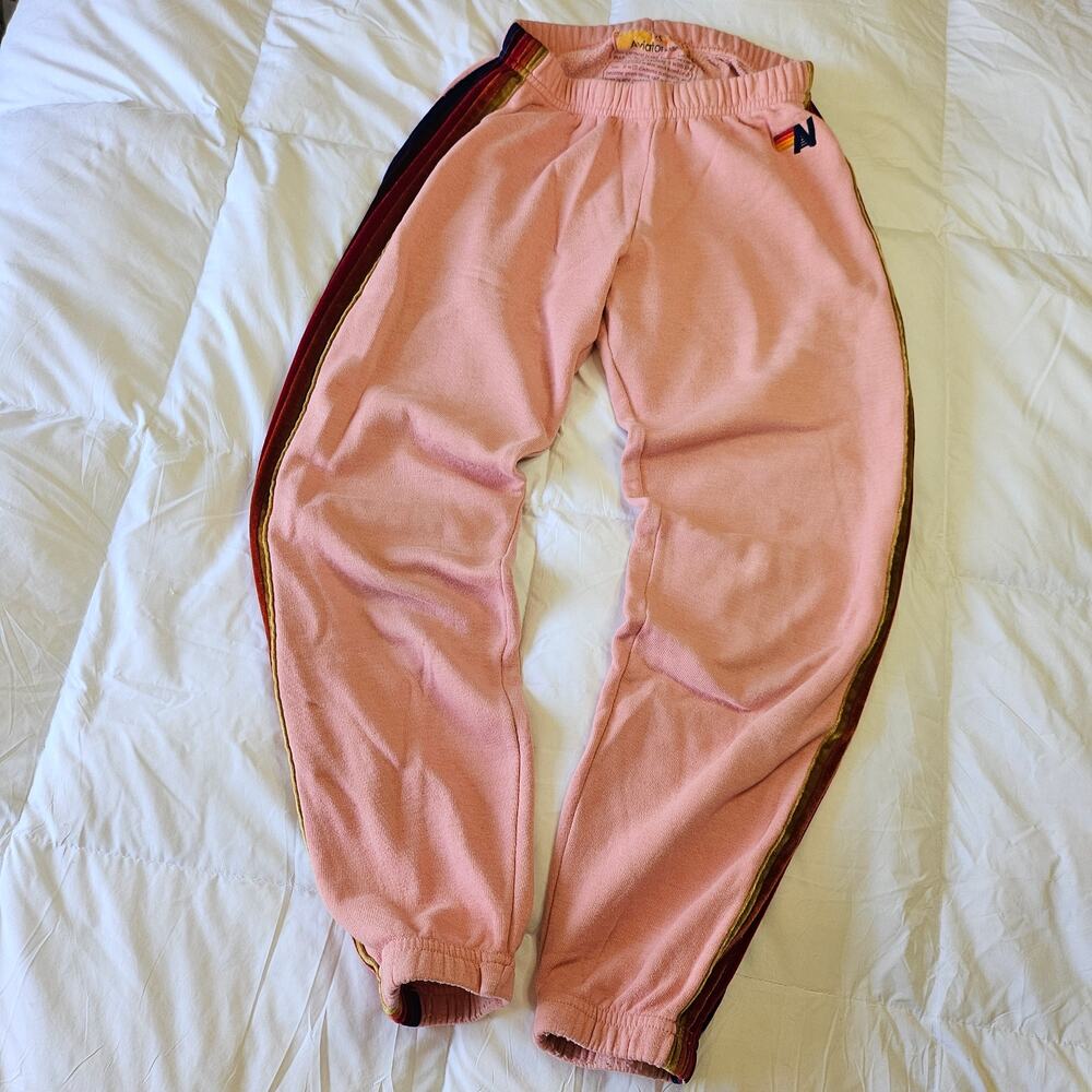 Super Cute Aviator Nation 5 Stripe Sweatpants - Pink Rainbow - Size XS